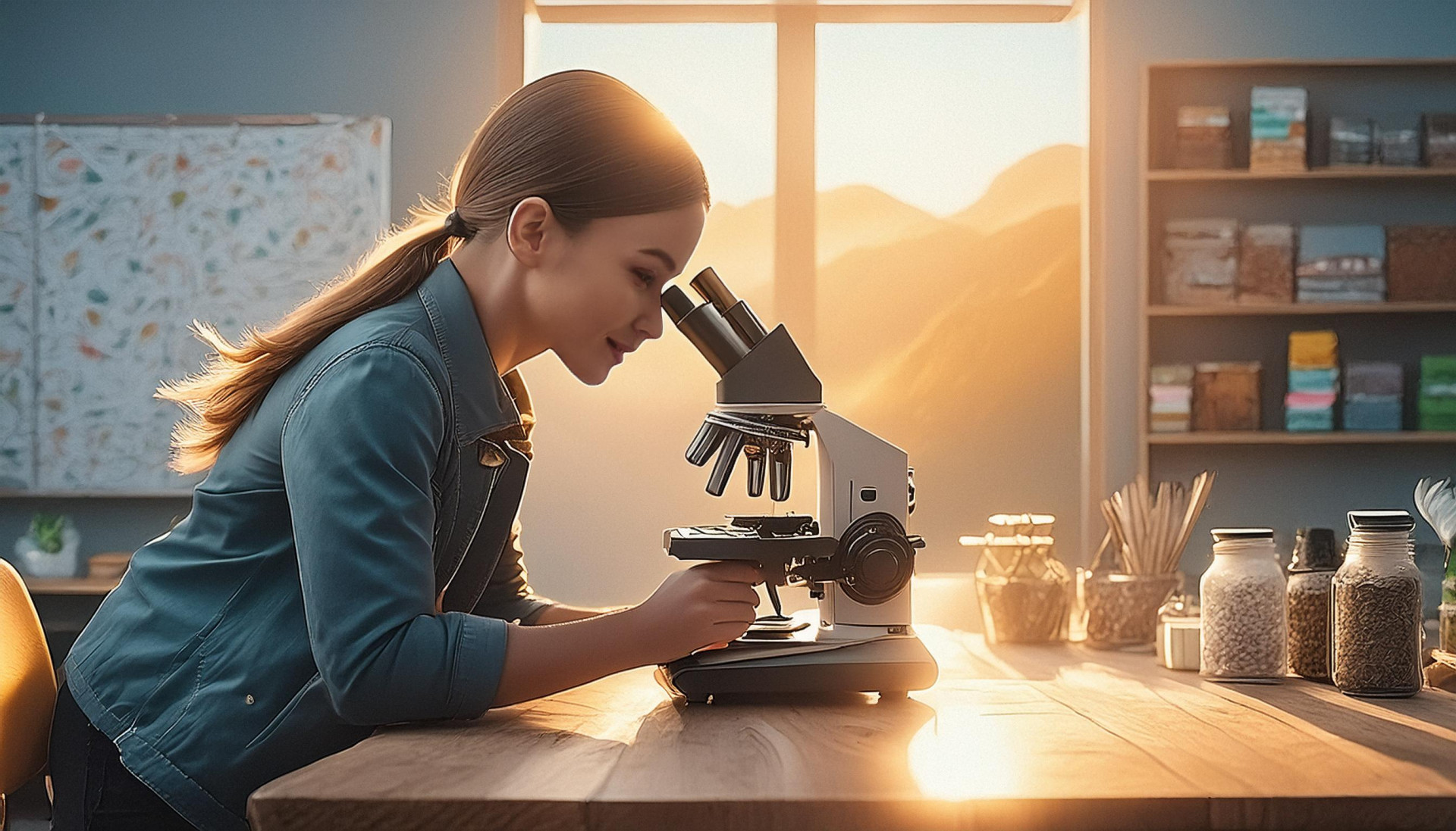 Firefly een jong meisje van ongeveer 12 jaar oud dat door een microscoop kijkt in een klaslokaal 422
