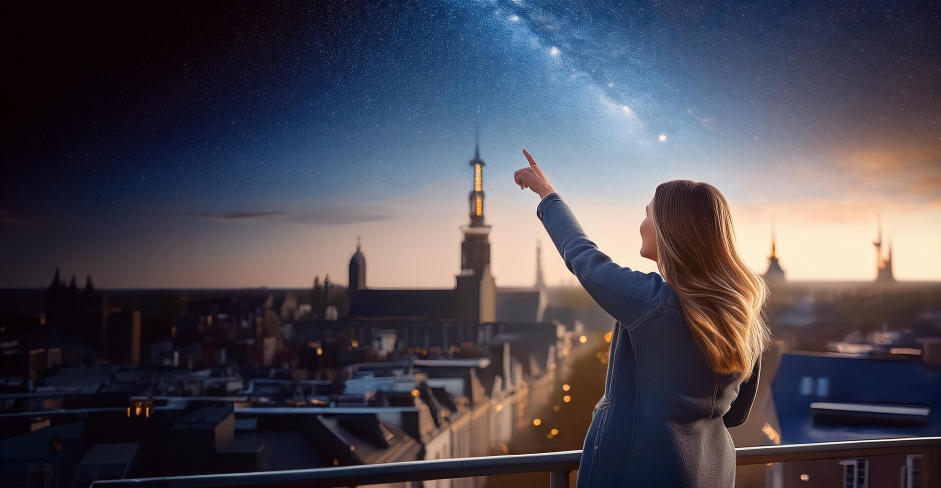 Firefly Een jonge dame die naar een sterrenhemel wijst. Ze staat op een dak, uitkijkend over een Ned